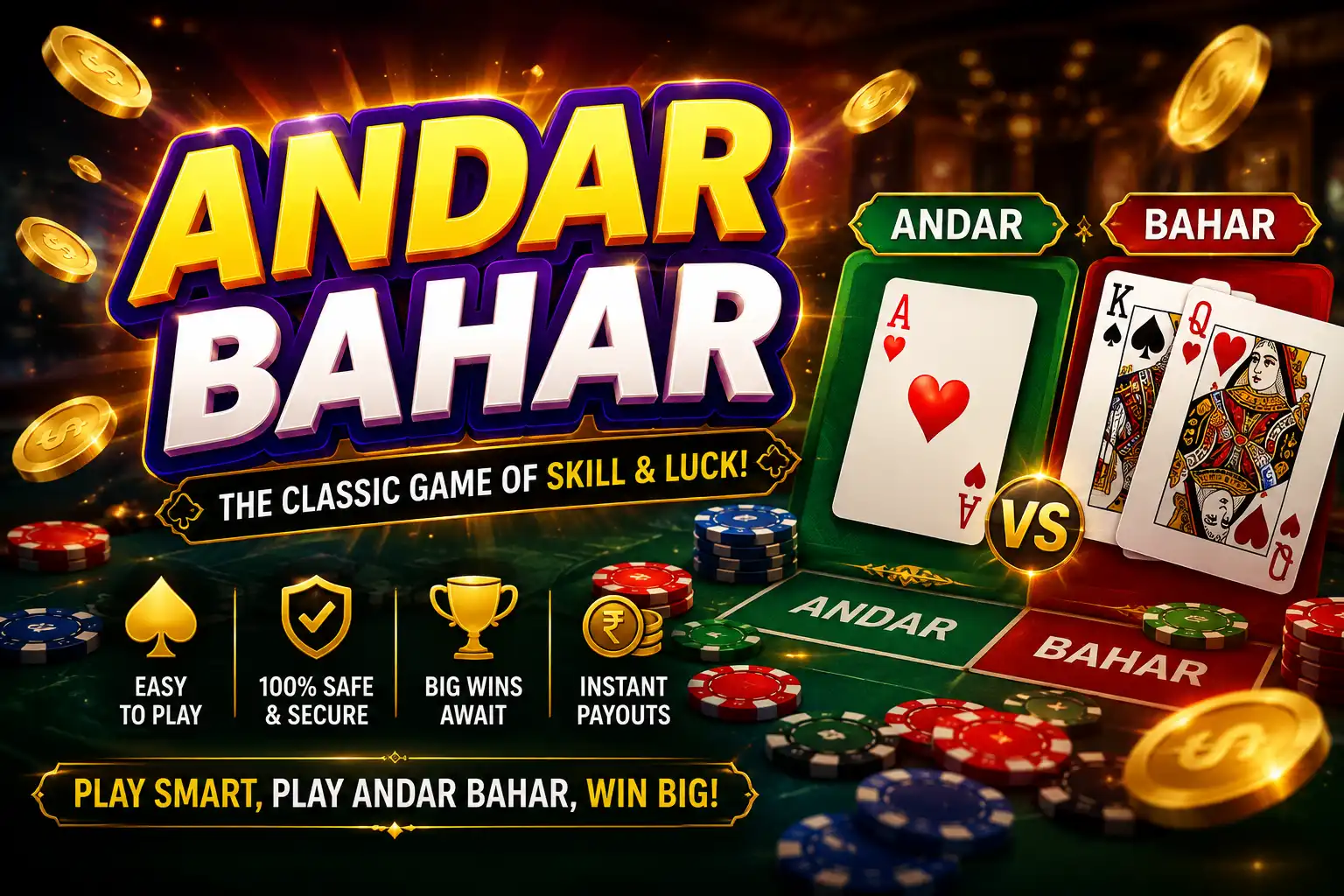 Andar Bahar classic card game with playing cards, casino chips, coins, and Andar Bahar betting table
